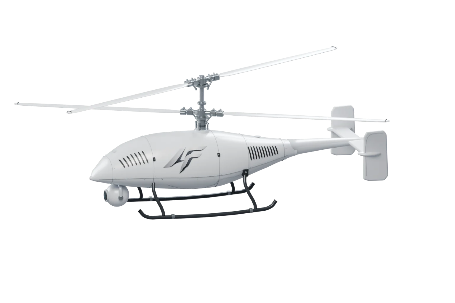 White coaxial drone with the Aero Future mark on the central cabin side panel, a nose camera gimbal, twin rotors and landing skids