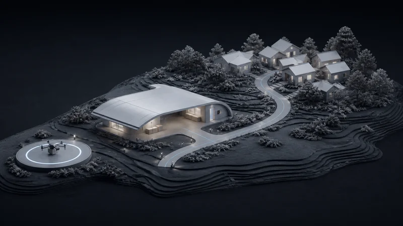 Concept receiving pavilion and a separate drone landing pad beside low-rise homes