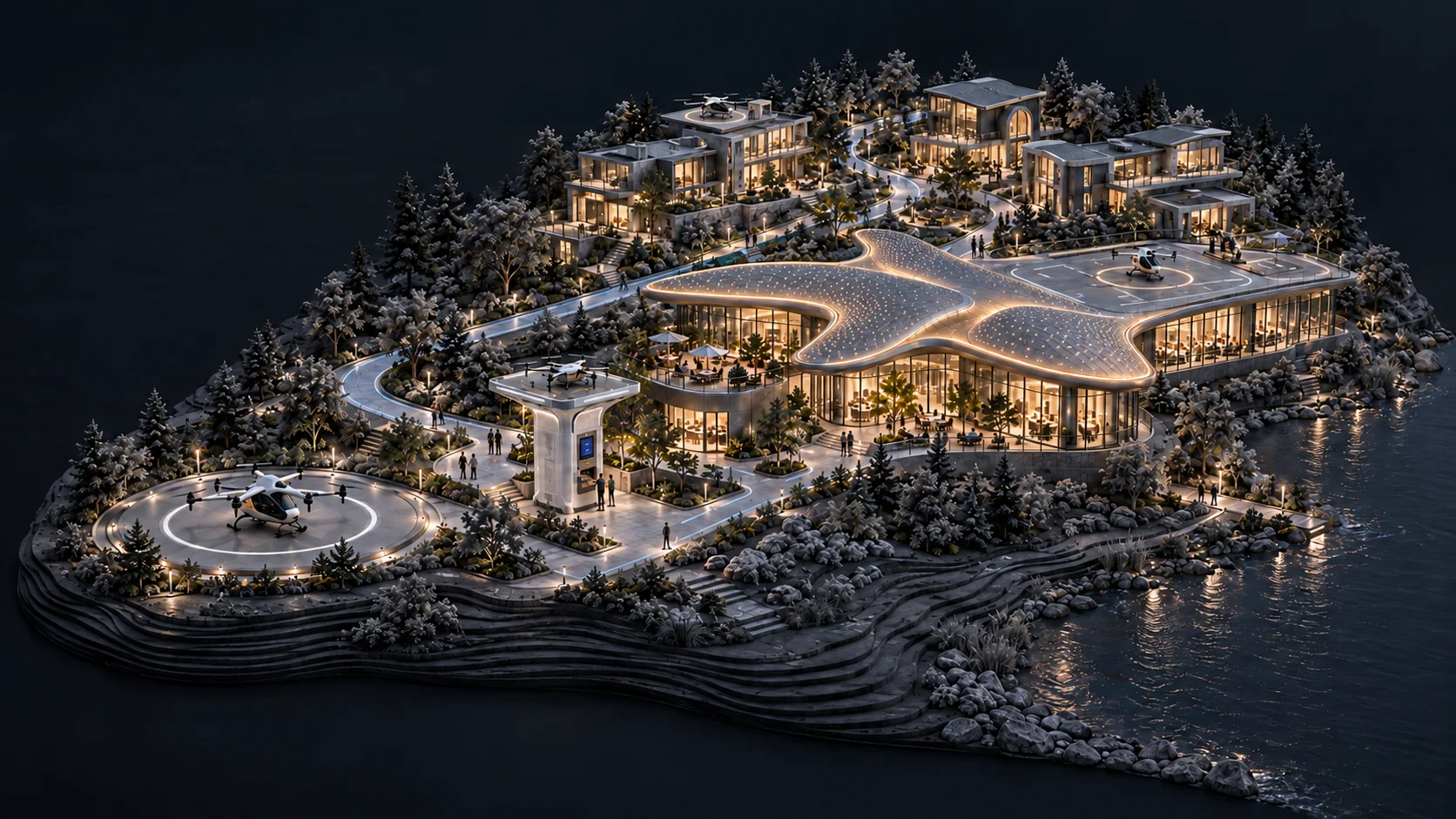 Silver-gray Aero Town model with a compact aircraft on the rear residence rooftop, the Star Centre, an elevated parcel receiving station and separate rooftop and ground arrival areas, with residents and Canadian woodland.