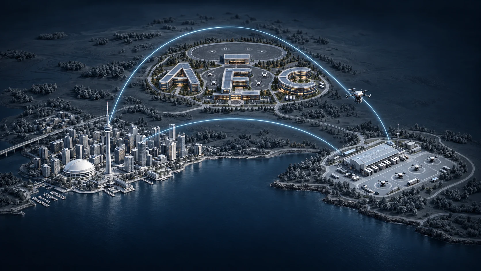 Silver-gray regional model linking Toronto's CN Tower waterfront, an aviation campus with A-, F- and C-shaped buildings, and a cargo transfer hub beside a Lake Ontario-inspired shoreline. Blue arcs illustrate connections, not operational routes.